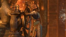 Character in blue and brown armor turning a large wheel in an area with a glow from lava.