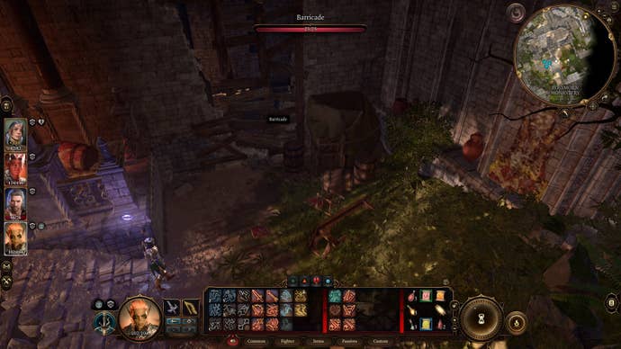 The player faces a destroyable barricade in the Rosymorn Monastery in Baldur's Gate 3