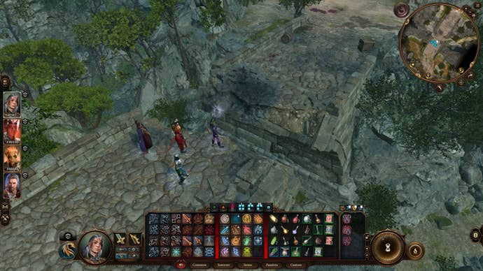 The player party stands on a broken bridge in the forest near Blighted Village in Baldur's Gate 3