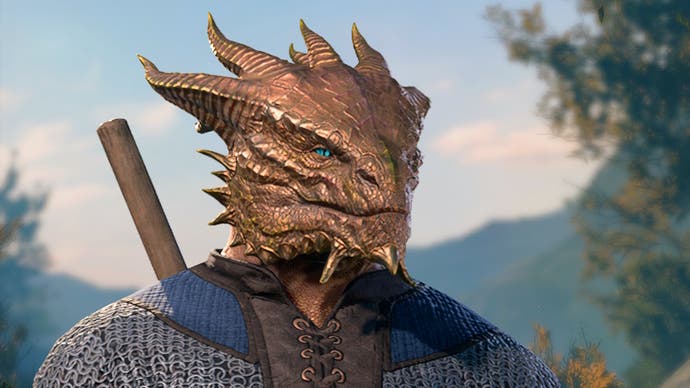 Close up of male shaped Bronze Dragonborn.