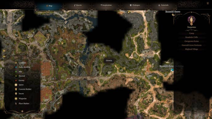 The location of dead True Soul, Edowin, is marked on the map in Baldur's Gate 3