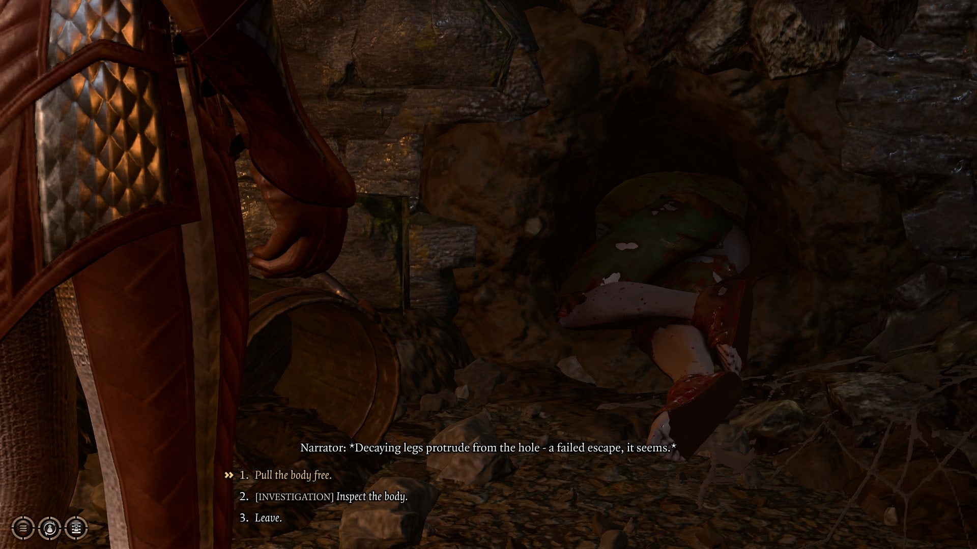 The player interacts with a deceased elf in a hole in the wall of the Worg Pens prison cell in Baldur's Gate 3 - 4