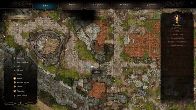 A map of where the goblins and windmill in Baldur's Gate 3's Blighted Village is located