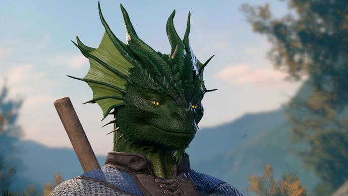 Close up of female shaped Green Dragonborn.