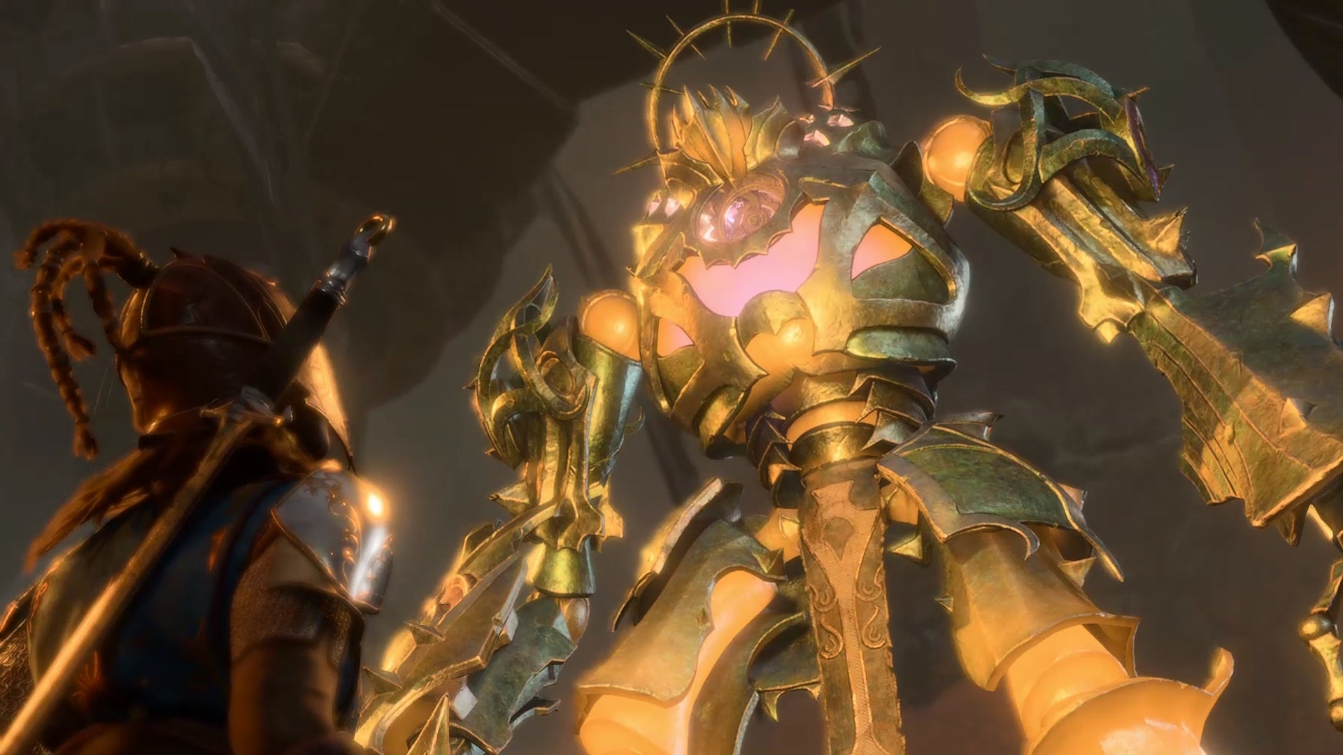 Tall robot looking enemy staring down at a character in blue and brown armour.