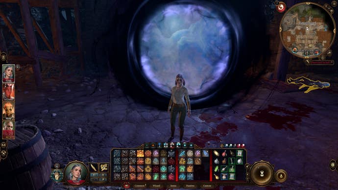 The player character in Baldur's Gate 3 stands in front of a portal at camp after having evolved into a half-Illithid