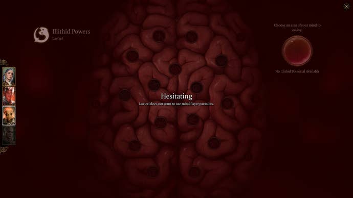 The illithid powers screen in Baldur's Gate 3 for Karlach, who does not currently approve of using illithid powers