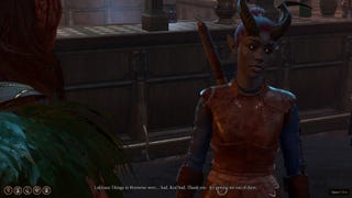 Halsin speaks with rescued tiefling, Lakrissa, in the Last Light Inn in Baldur's Gate 3