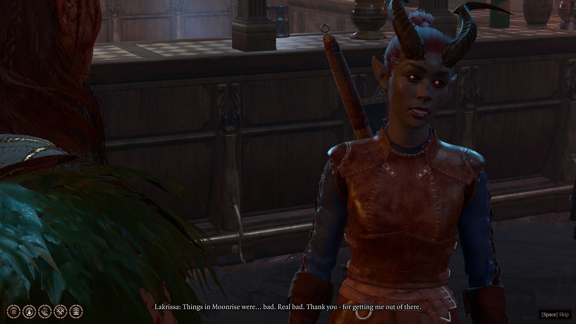 Halsin speaks with rescued tiefling, Lakrissa, in the Last Light Inn in Baldur's Gate 3 - 1