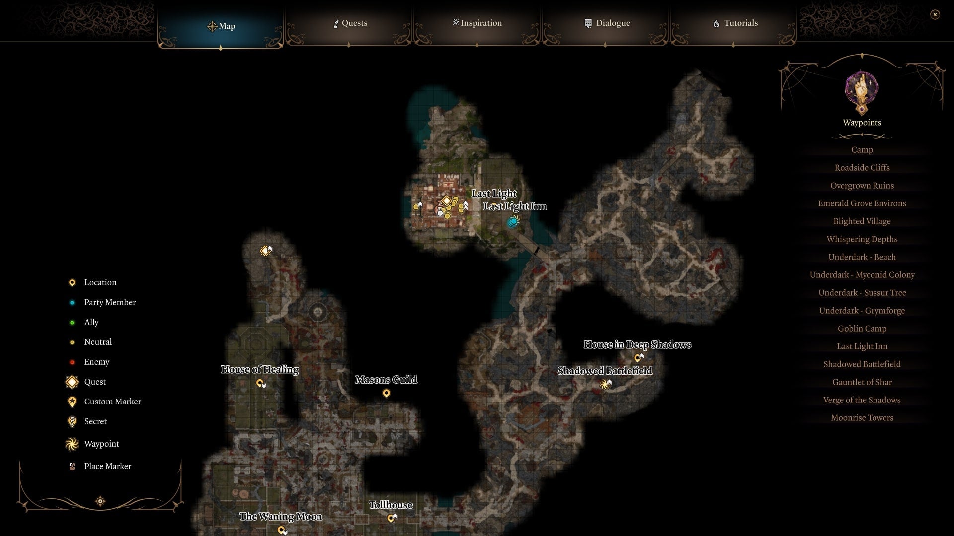 A map detailing the location of the Last Light Inn in Baldur's Gate 3 - 3
