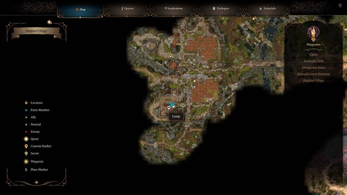 A map of where to find Lump the Enlightened in Baldur's Gate 3's Blighted Village