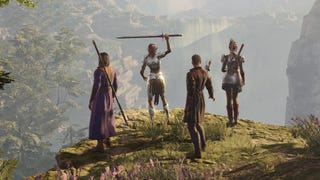 Four origin charatcers on the side of a cliff with their backs turned and one holding a sword in the air.