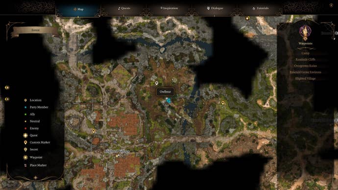 The location of the Owlbear Nest in Baldur's Gate 3 is marked on the map
