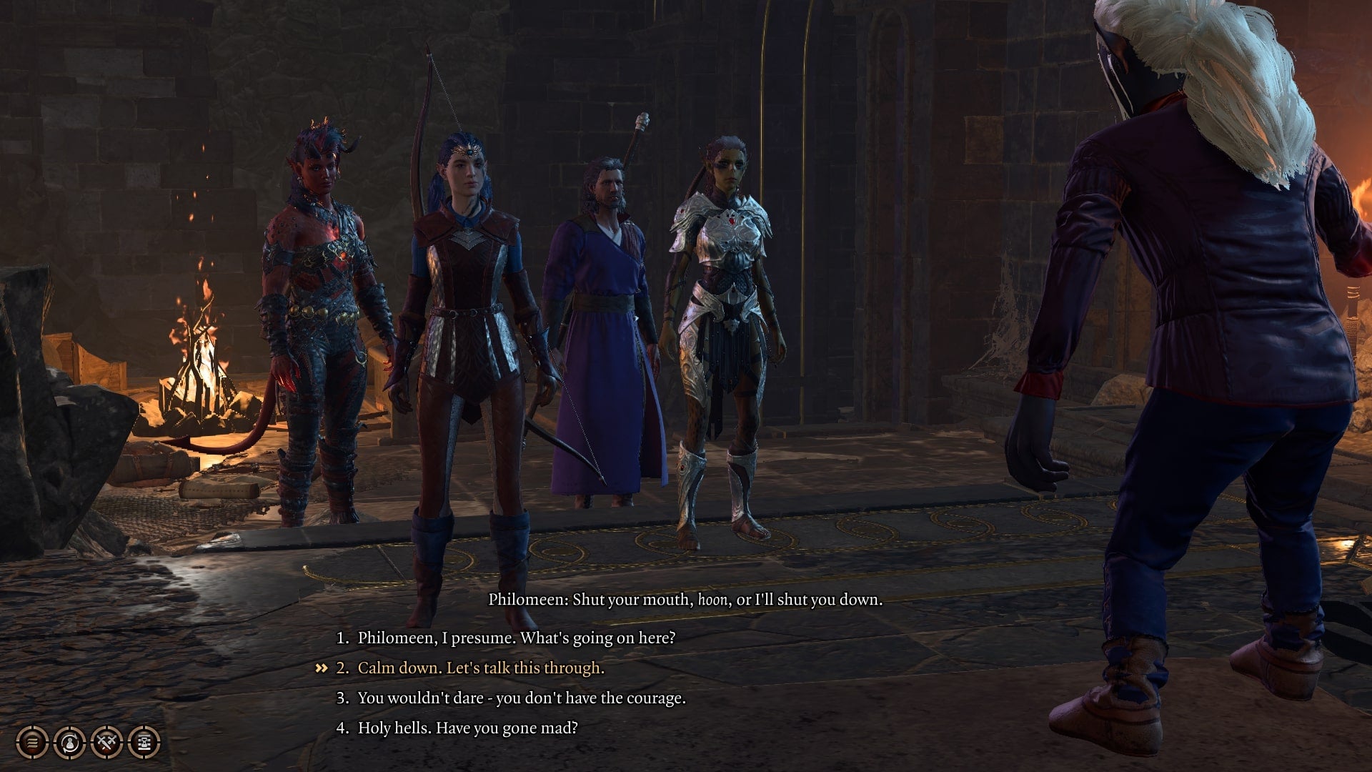 The player speaks with Philomeen and attempts to calm her down in Baldur's Gate 3 - 4