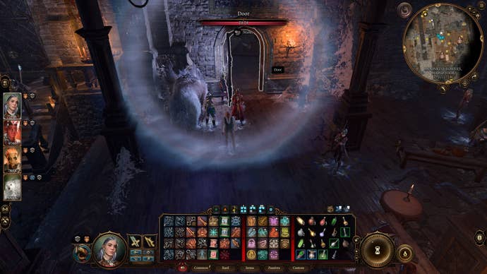 The player party in Baldur's Gate 3 faces a door with puddles of blood leading into it in Moonrise Towers