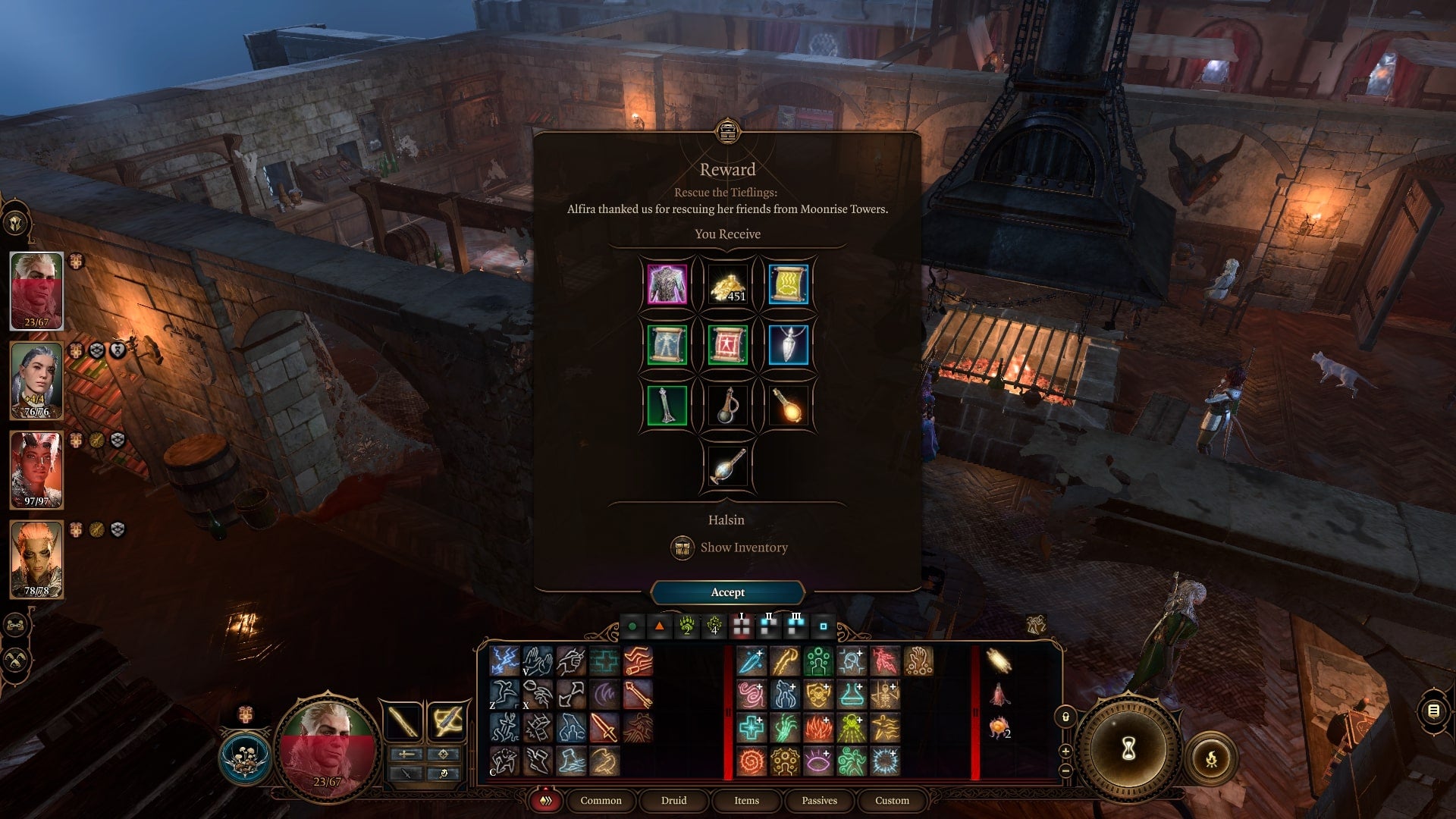Rewards for rescuing the tieflings from Moonrise Towers in Baldur's Gate 3 are shown - 9