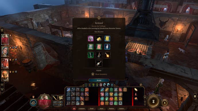 Rewards for rescuing the tieflings from Moonrise Towers in Baldur's Gate 3 are shown