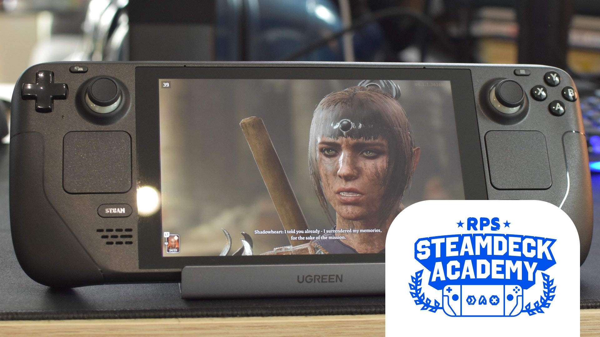 Baldur's Gate 3 running on a Steam Deck. The RPS Steam Deck Academy logo is added in the bottom right corner.
