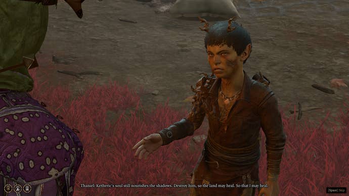 The player speaks with Thaniel at camp in Baldur's Gate 3