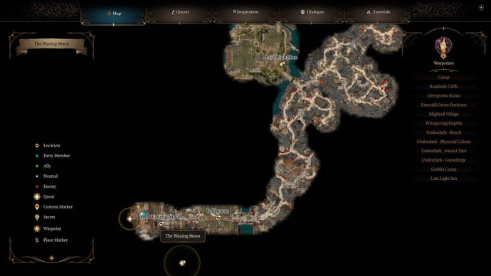 A map showing the location of The Waning Moon in Baldur's Gate 3