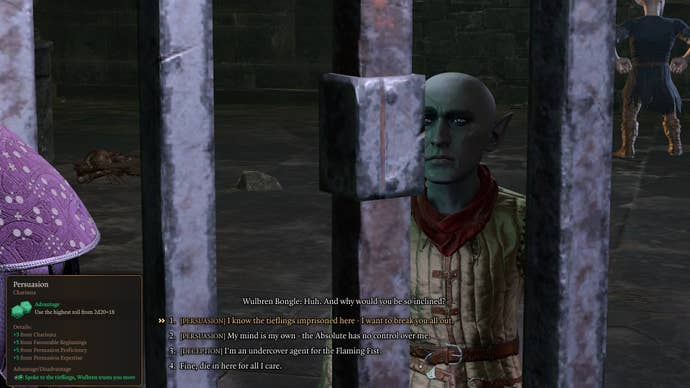 The player speaks with Wulbren who is trapped in Moonrise Towers prison in Baldur's Gate 3