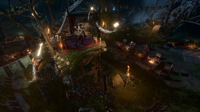 Screenshot of Baldur’s Gate 3, showing the campsite decorated for a feast, and a bard surrounded by glowing instruments