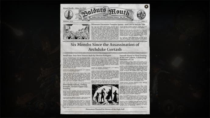 Screenshot of Baldur’s Gate 3, showing an issue of the Baldur’s Mouth Gazette, with headlines about vampire spawns, Elturian refugees, and a new bardic school