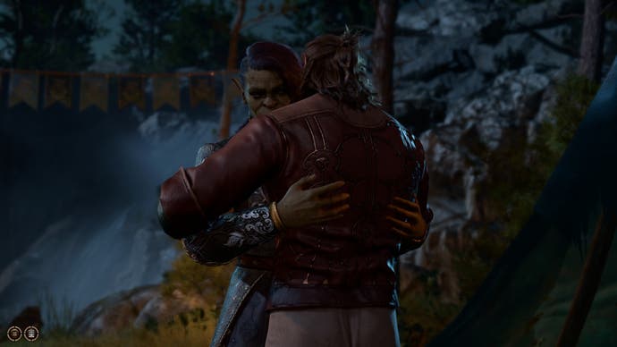 Screenshot of Baldur’s Gate 3, showing the player character and Halsin sharing a friendly hug