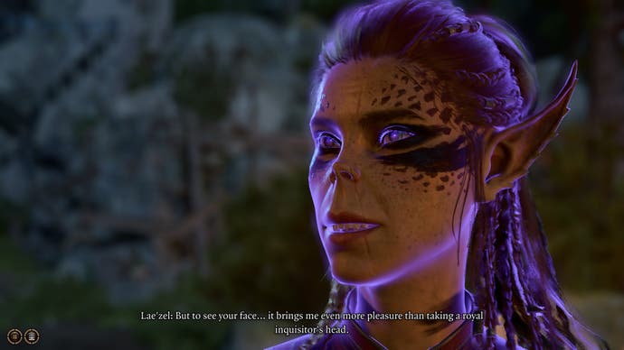 Screenshot of Baldur’s Gate 3, showing Lae’zel with a purple glow around her, saying how violently happy she is to see the player