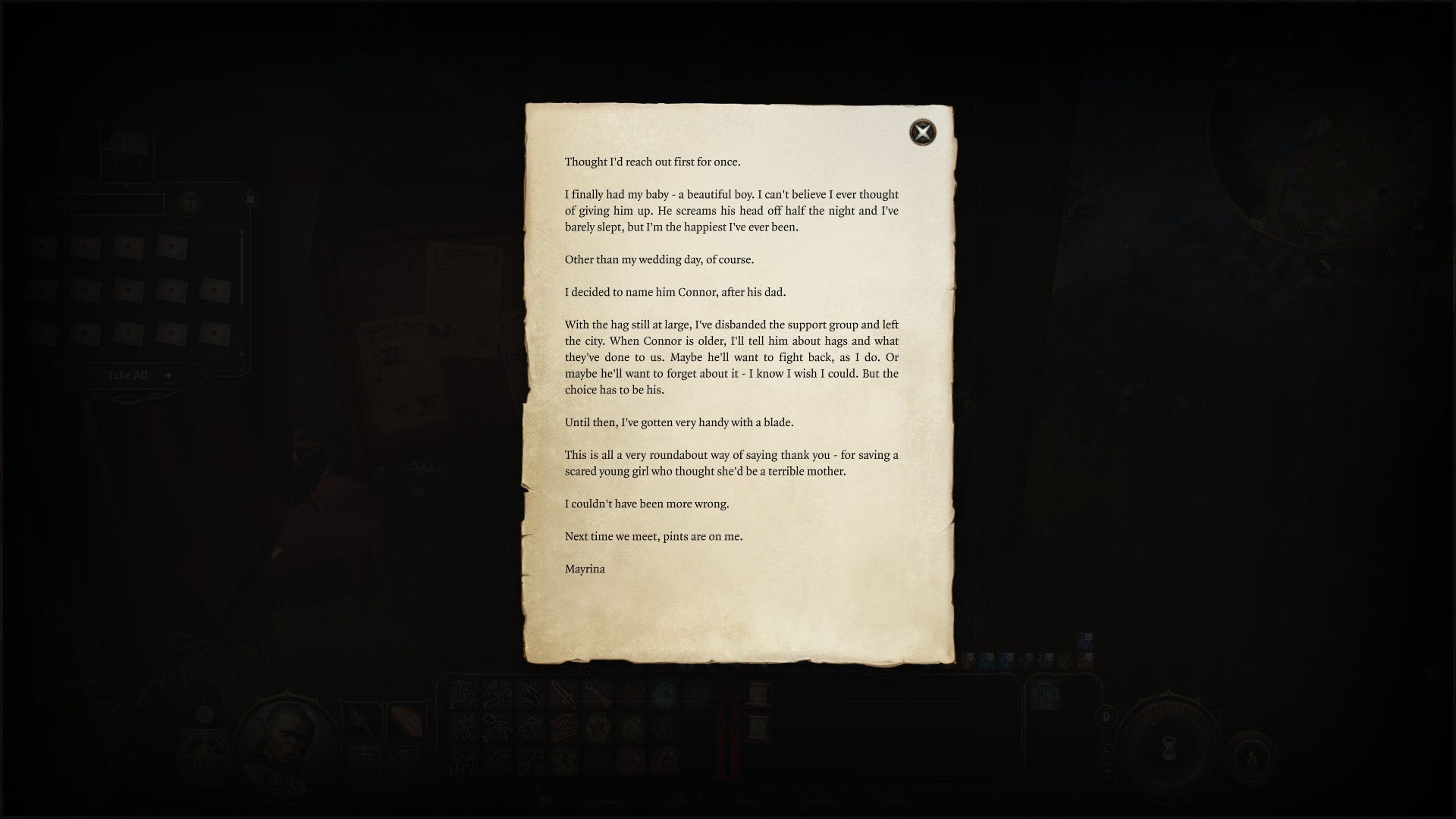 Screenshot of Baldur’s Gate 3, showing a letter from Mayrina, describing her plans for her life with her new baby, Connor