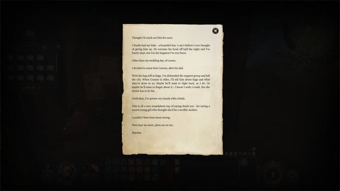 Screenshot of Baldur’s Gate 3, showing a letter from Mayrina, describing her plans for her life with her new baby, Connor