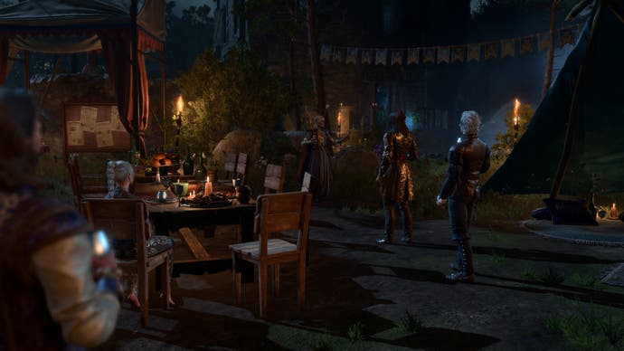 Screenshot of Baldur’s Gate 3, showing Withers beckoning the group to a toast