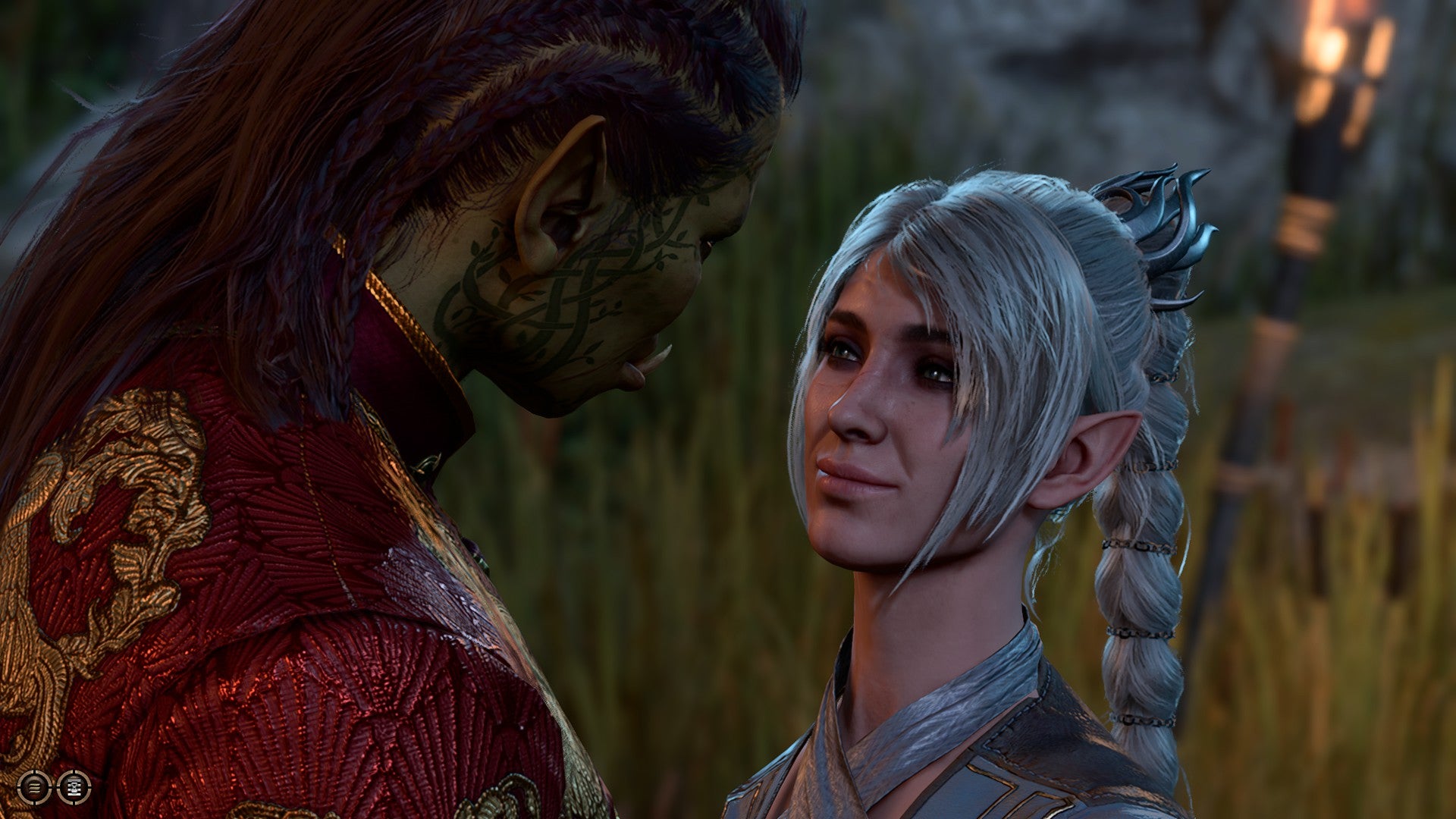 Screenshot of Baldur’s Gate 3, showing Shadowheart looking fondly up at the player character [Don’t use this one for a hero image, her haircut/colour is a spoiler]