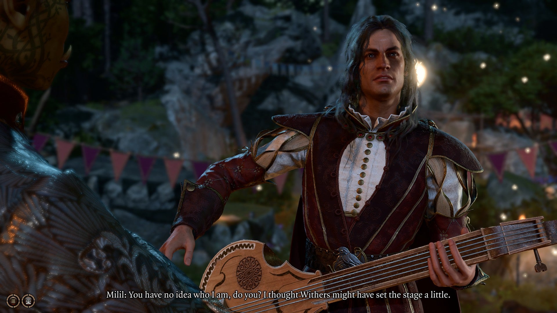 Screenshot of Baldur’s Gate 3, showing Milil, the Lord of Song, protesting that the player doesn’t know who he is