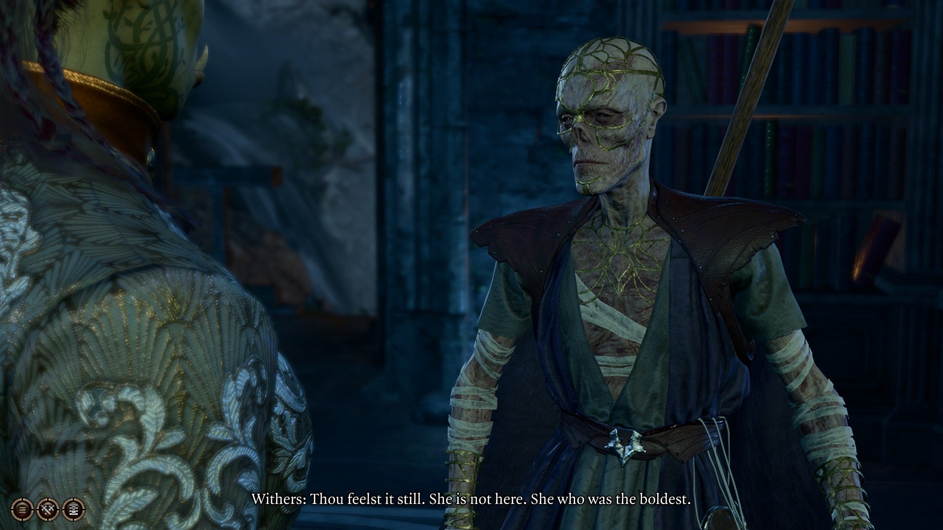 Screenshot of Baldur’s Gate 3, showing Withers and the player character in a stone room, saying ‘she is not here’.