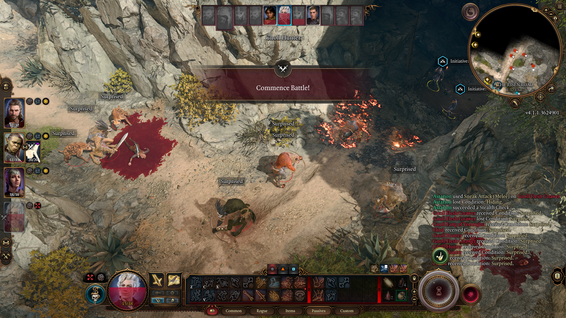 Baldur&rsquo;s Gate 3 screenshot showing: A pack of gnolls, all surprised, under the banner &lsquo;Commence battle!'