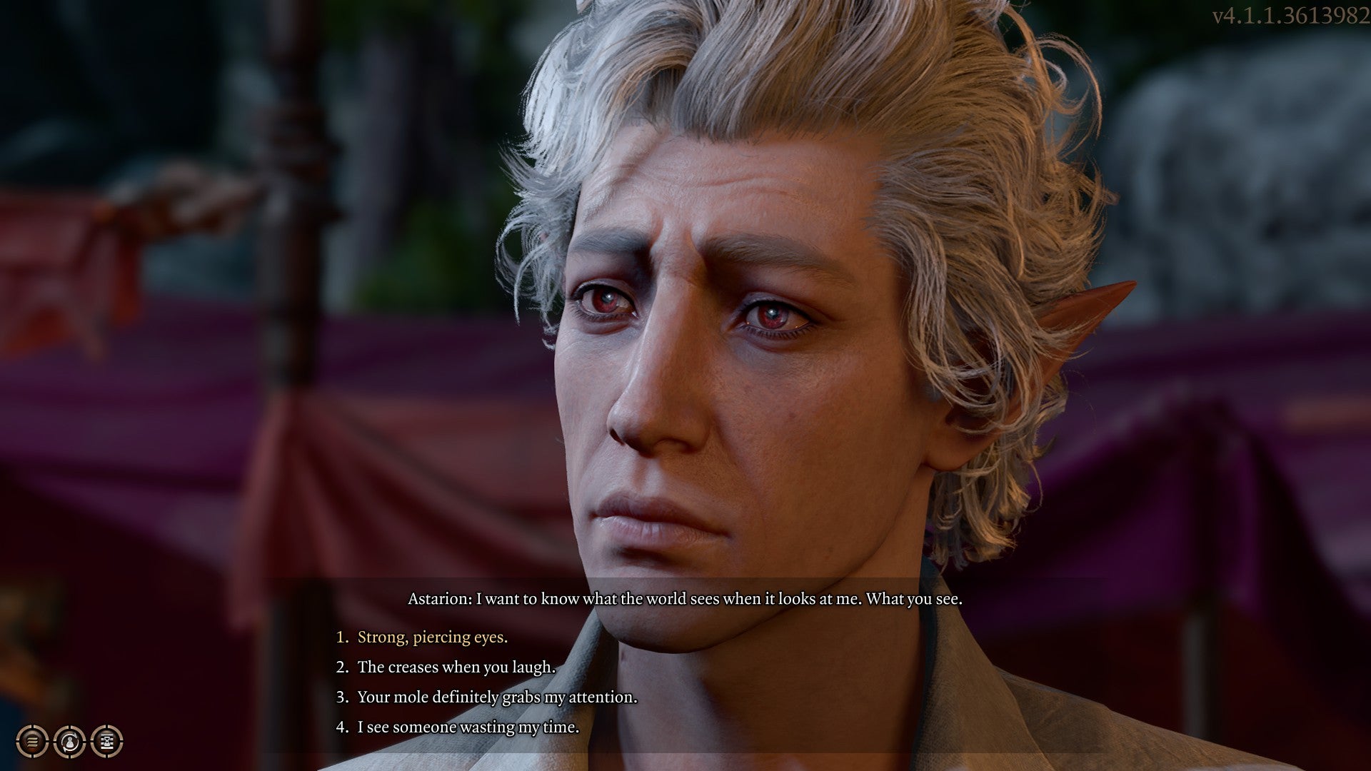 Baldur&rsquo;s Gate 3 screenshot showing: Astarion looking pouty and pitiable