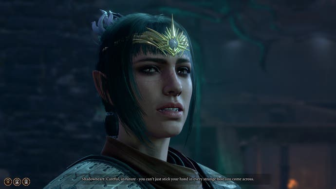 Baldur's Gate 3 screenshot showing: Shadowheart, a dark-haired elf, making a sarcastic innuendo