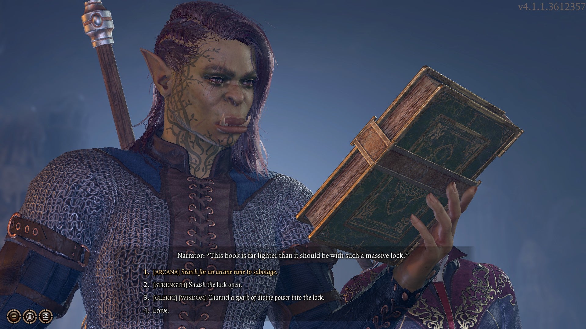 Baldur&rsquo;s Gate 3 screenshot showing: The player character holding a mysterious book, and one of the options is a specialcleric option