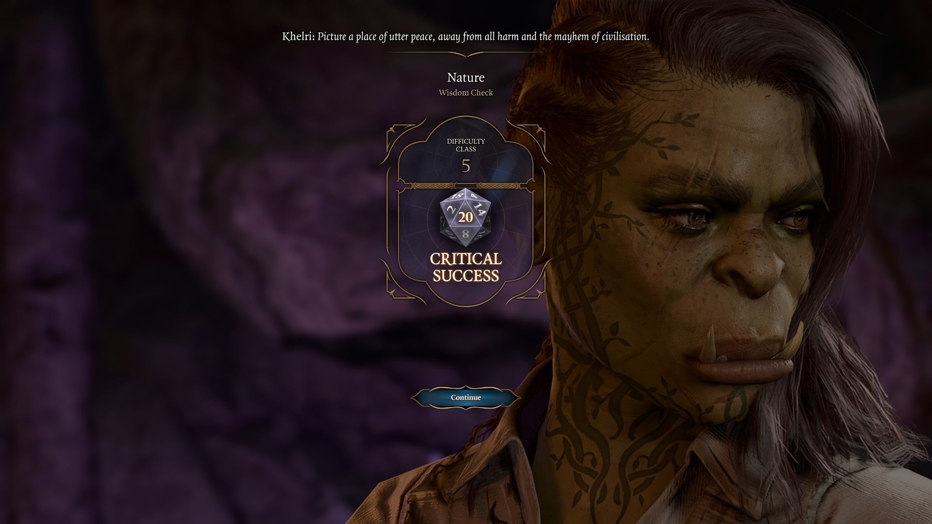 Baldur's Gate 3 screenshot showing: The dice roll screen, showing a natural 20, a critical success