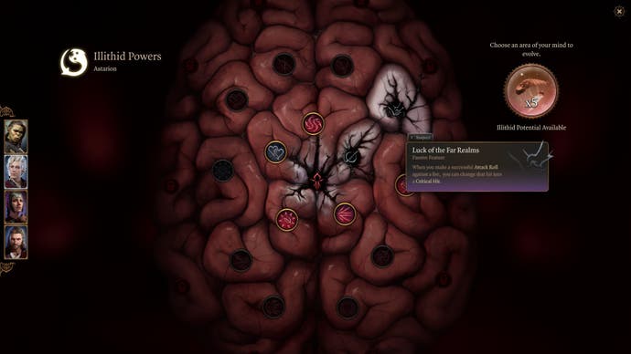 Baldur's Gate 3 screenshot showing: An illithid powers upgrade menu tree, embedded in a brain.