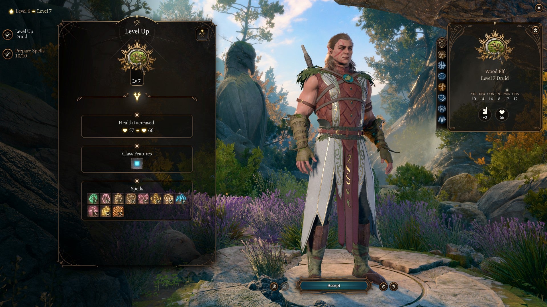 Baldur's Gate 3 screenshot showing: The level up screen for the druid Halsin at level 12.