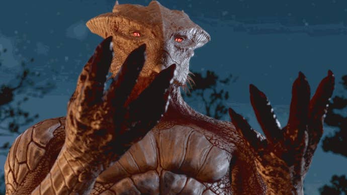 Baldur’s Gate 3 image showing a reptilian character looking at their bloodied hands in the moonlight