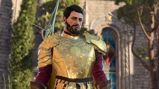 Baldur's Gate 3 header image showing a male character in gold armour standing in a brightly lit courtyard area