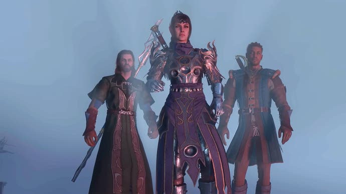 Baldur's Gate 3 screenshot showing Shadowheart leading characters forward in a misty area