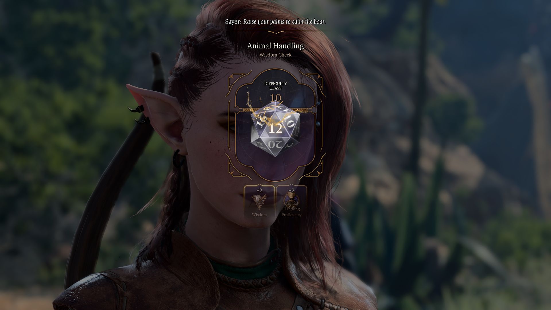 The player character rolling a dice to attempt to calm a boar down in Baldur&rsquo;s Gate 3