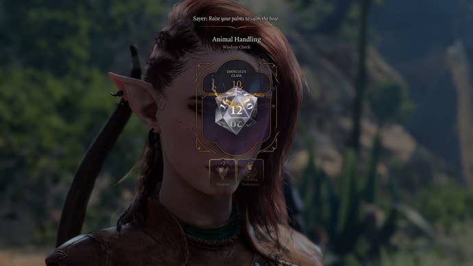 The player character rolling a dice to attempt to calm a boar down in Baldur’s Gate 3