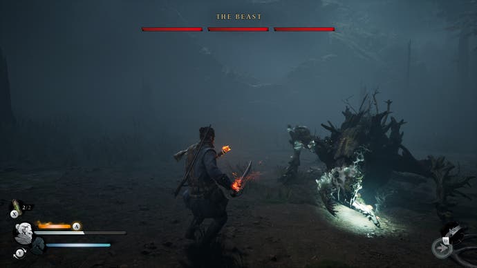 Screenshot of Banishers: Ghosts of New Eden, showing Red facing off against an enormous bestial skeleton with three full health bars