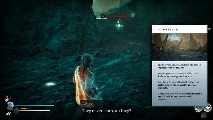 Screenshot of Banishers: Ghosts of New Eden, showing Antea in a rocky void, next to a tooltip explaining how void breach combat works