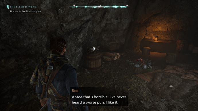 Screenshot of Banishers: Ghosts of New Eden, showing Red looking around a small hut with interactable objects, while commenting on a terrible pun Antea made